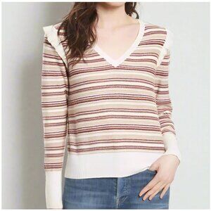 Joie Wool Cashmere Sweater Womens Large V-Neck Stripe Ruffle Beige Multi